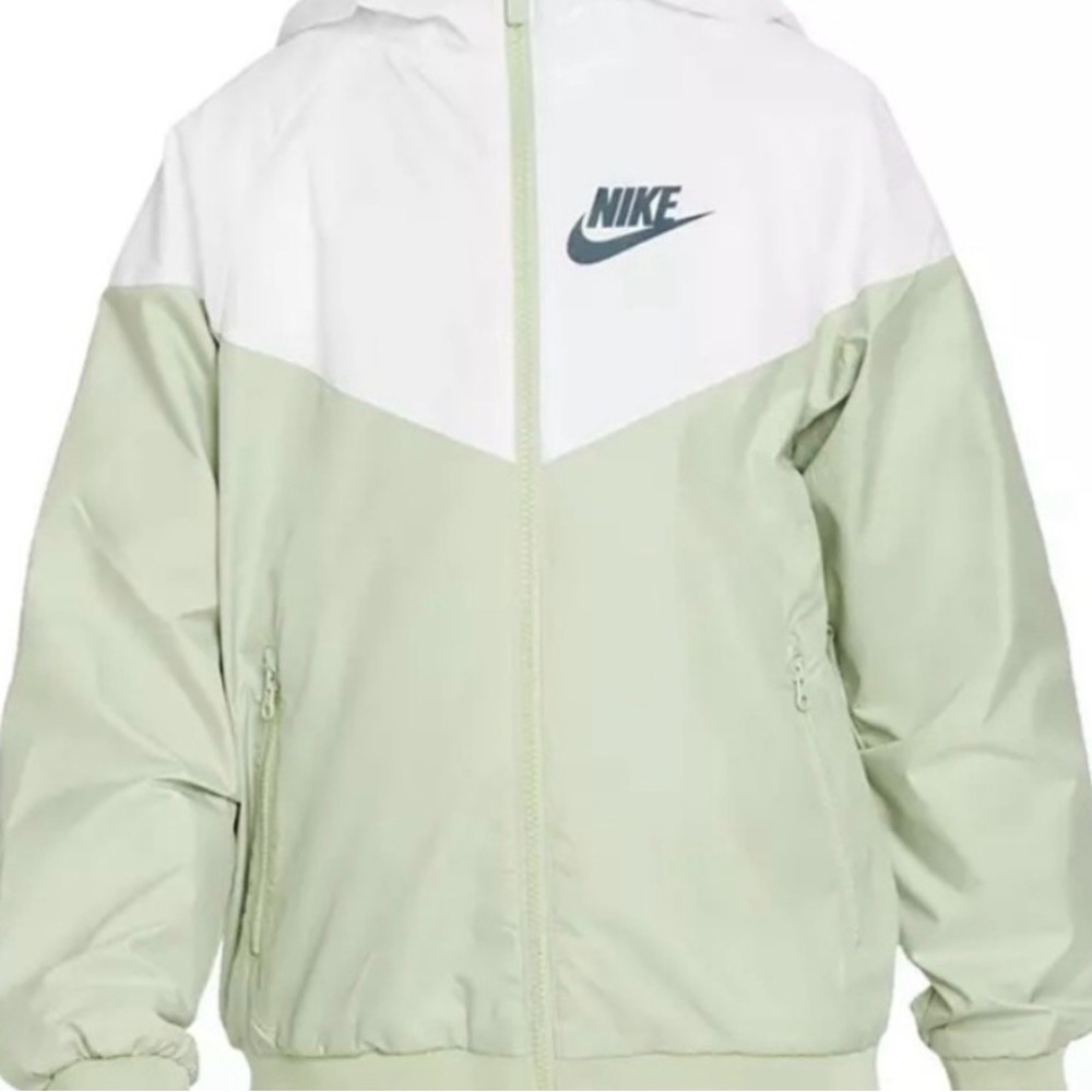 Nike White and Light Green Hooded Windbreaker / Raincoat Jacket
